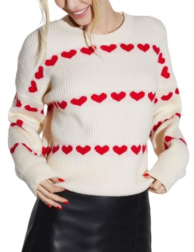 Wyeysyt Valentine Hearts Sweaters Cute Long Sleeve Crewneck Casual Knitted Sweaters Tops(White-M) | Amazon (US)