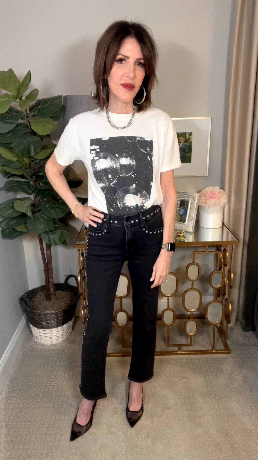 graphic tee, studded jeans, black mesh heels, over 50 outfits 

#LTKOver40 #LTKSeasonal #LTKootd