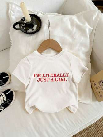 Young Girls' Summer T-Shirt, Slogan Printed Short Sleeve Casual Top Tee With Letter Print Round N... | SHEIN