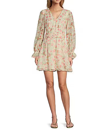 Lucy Paris Haisley Floral Print Eyelet V-Neckline Long Sleeve Dress - L | Dillard's