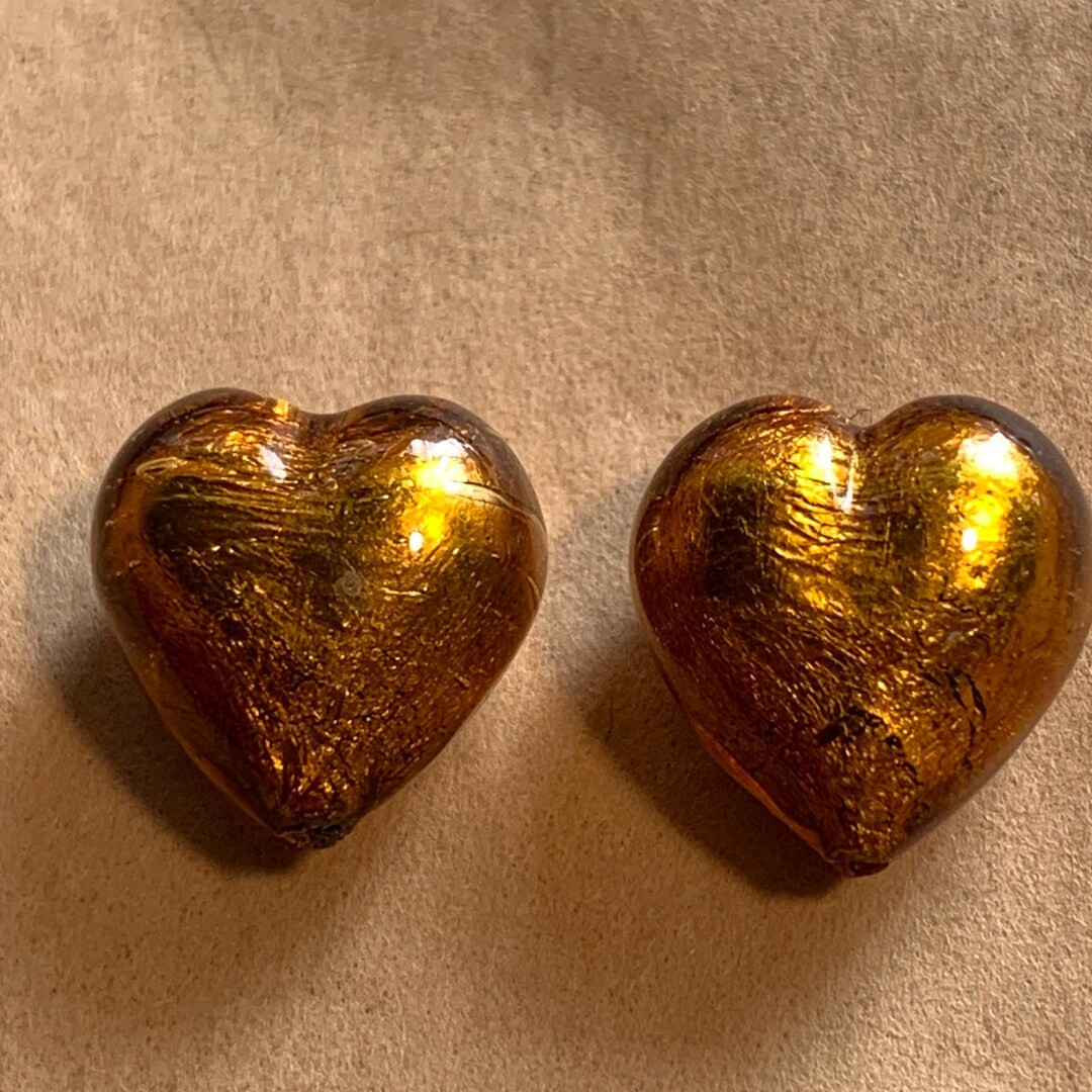 Colorful vintage foil glass lamp-wound hearts, 13 x 13mm puffy pair of beads. Lovingly handmade i... | Etsy (US)