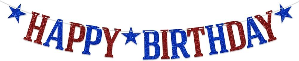 Red Blue Glitter Happy Birthday Banner, 4th of July Happy Birthday Decoration, Birthday Hanging D... | Amazon (US)
