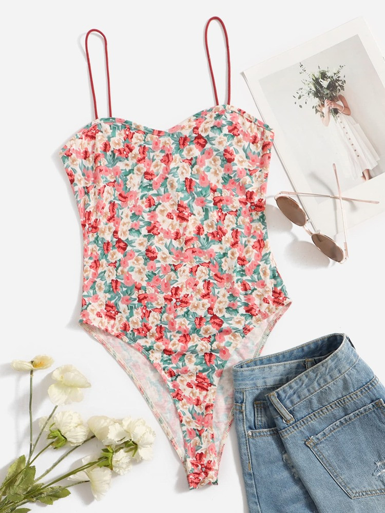 SHEIN Floral High Cut Cami Bodysuit | SHEIN