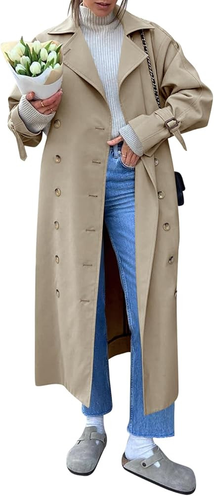 Tankaneo Womens Long Trench Coat Oversized Double Breasted Windproof Classic Lapel Casual Fall Ov... | Amazon (US)