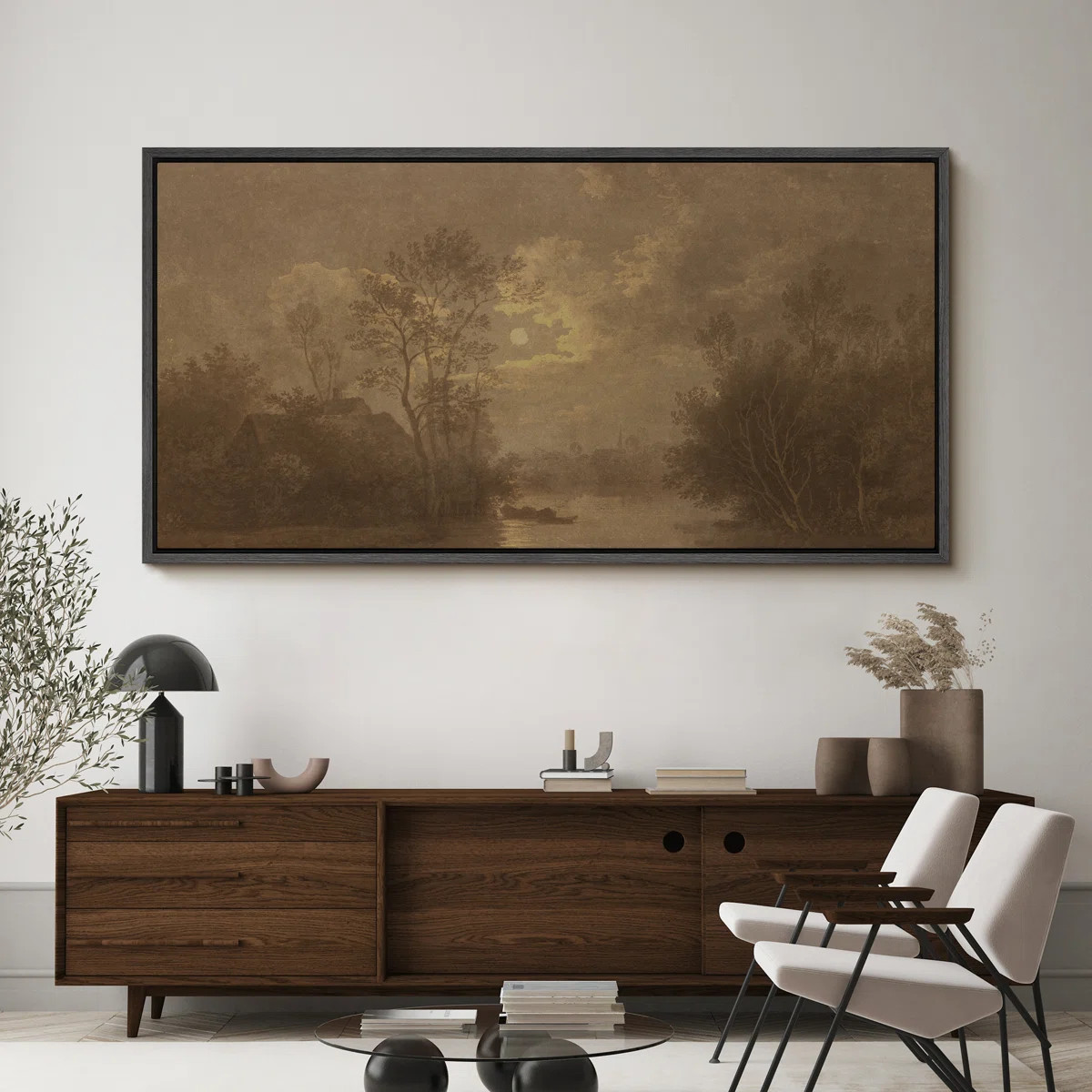 Moonlit River Cottage Scene Large Framed Canvas Print Wall Art for Antique Farmhouse Decor | Wayfair North America