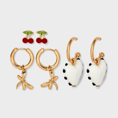 Dragonfly and Heart Mixed Hoop Earring Set 3pc - Universal Thread™ Gold | Target