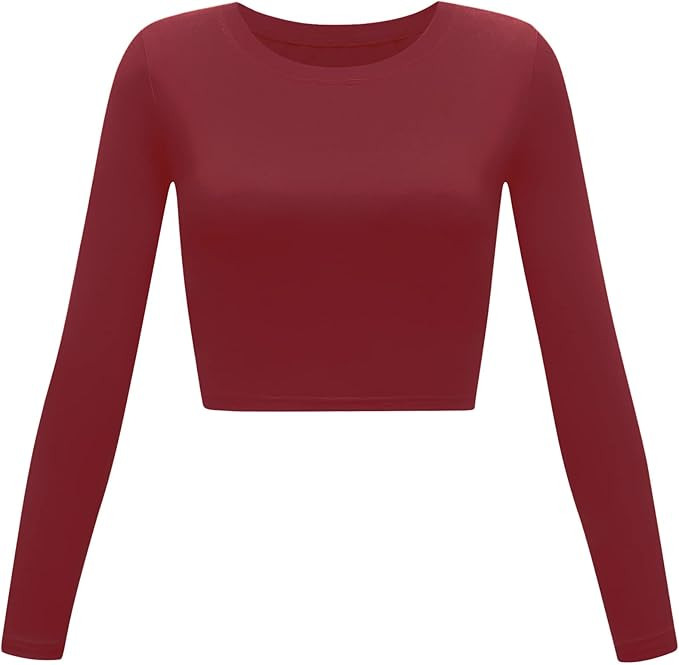 Women Slim Fit Basic Round Neck Long Sleeve Crop Top Workout Shirts | Amazon (US)