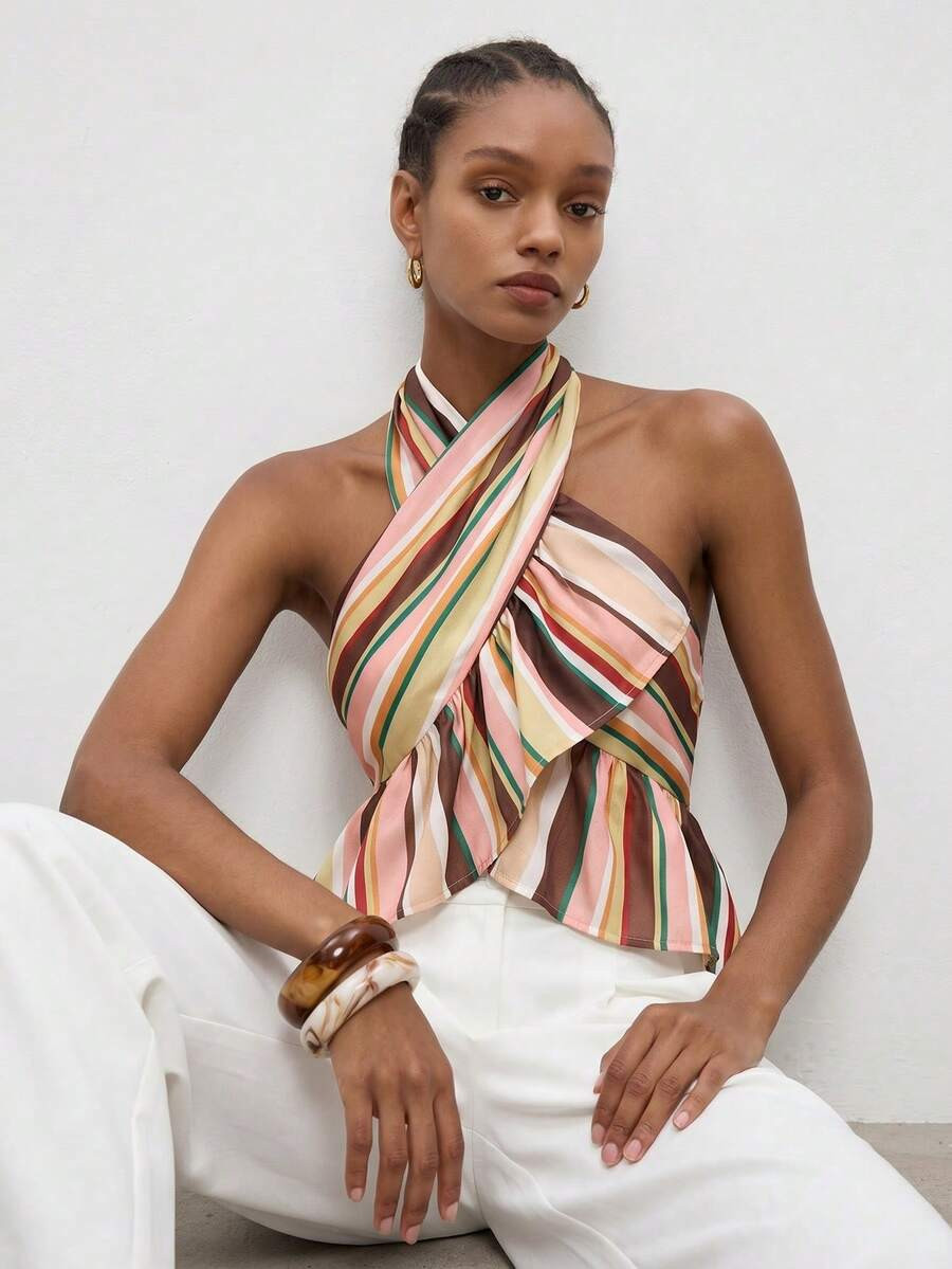 SHEIN Maija MAIJA Beach Striped Halter Crossover Ruffle Hem Crop Top,Summer Top Resort Style Outf... | SHEIN