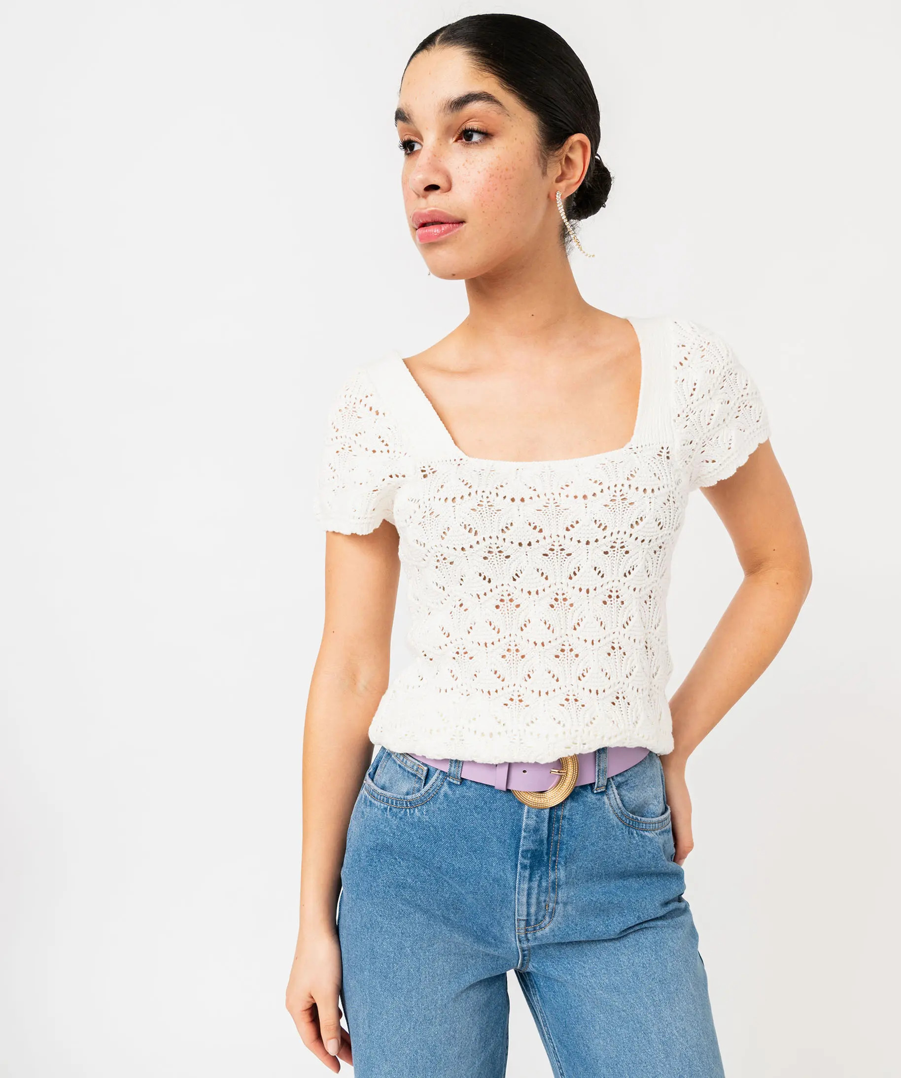 Pull manches courtes en maille ajourée et col carré femme | Gemo