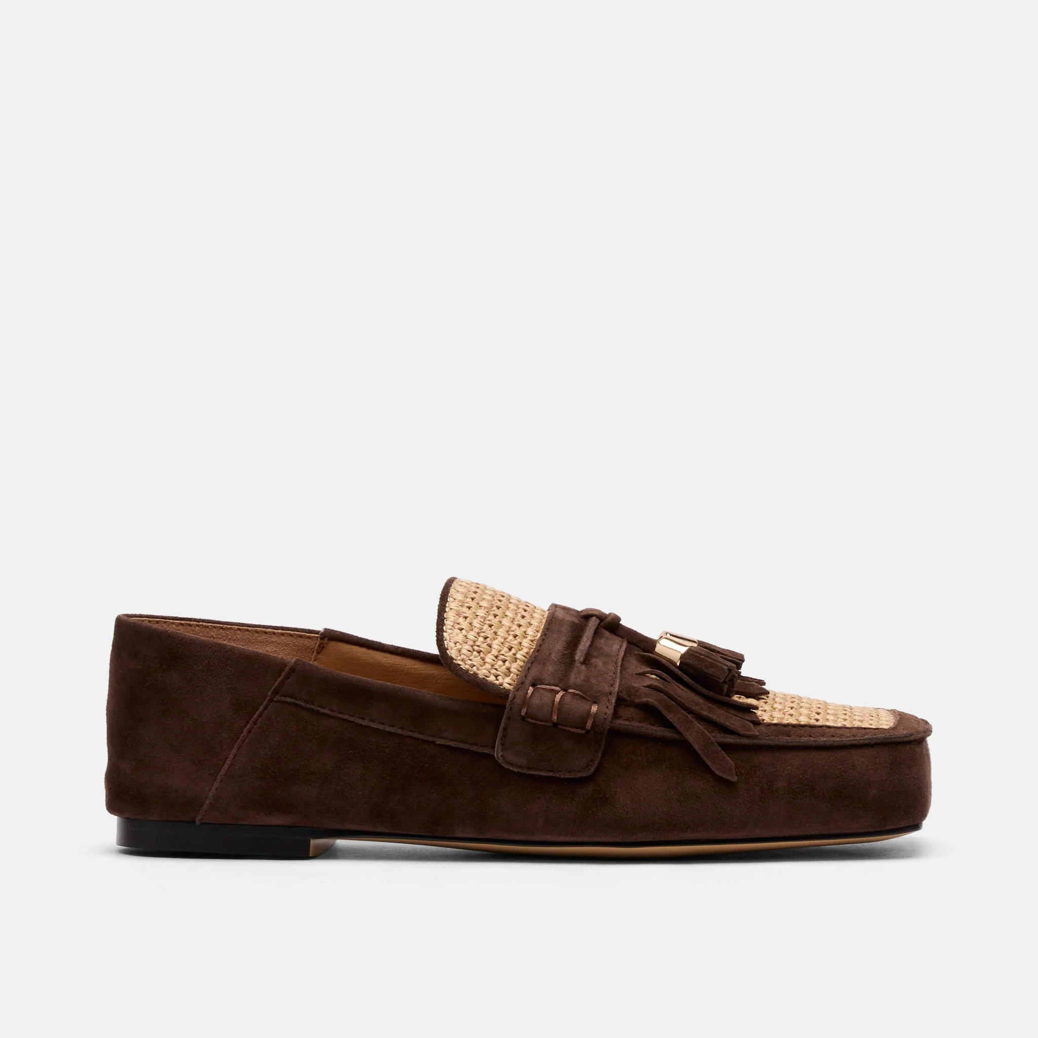 Simone Chocolate/Raffia Suede Tassel Loafers | Marc Nolan