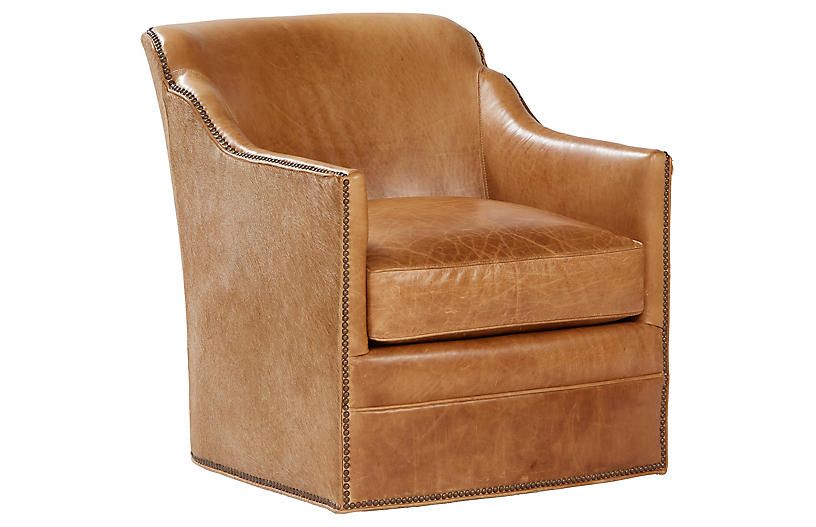 Hughes Swivel Chair, Camel Leather | One Kings Lane