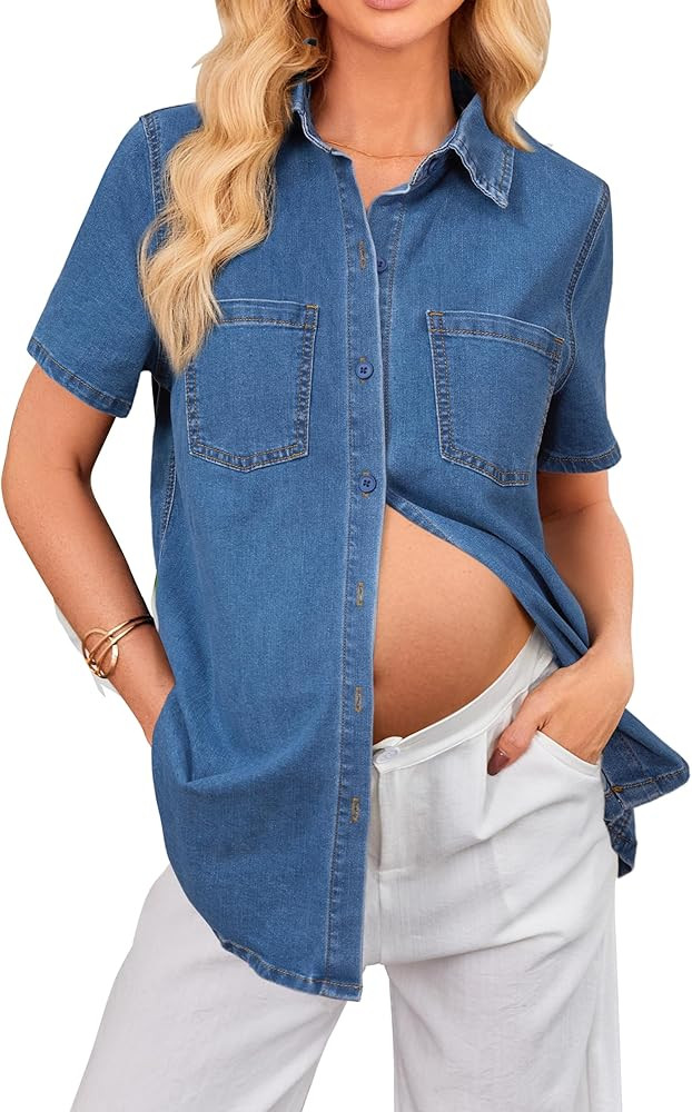 OUGES Womens Soft Stretchy Denim Shirt Summer Maternity Clothes Short Sleeve Jean Jacket Button P... | Amazon (US)