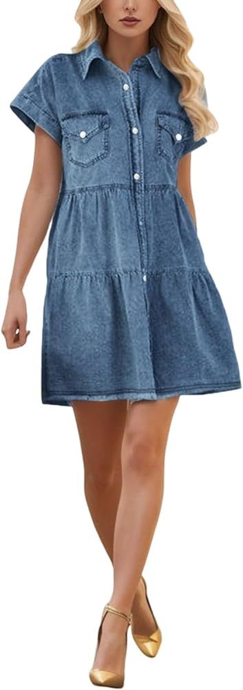 Denim Dress for Women Babydoll Casual Short Sleeve Jean Button Down Shirts Dresses Womens Fall Fa... | Amazon (US)