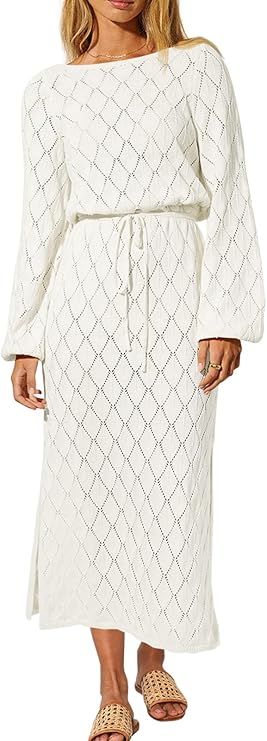 Wenrine Women's Fall Long Sleeve Sweater Dress Scoop Neck Diamond Crochet Knit Midi Dresses | Amazon (US)