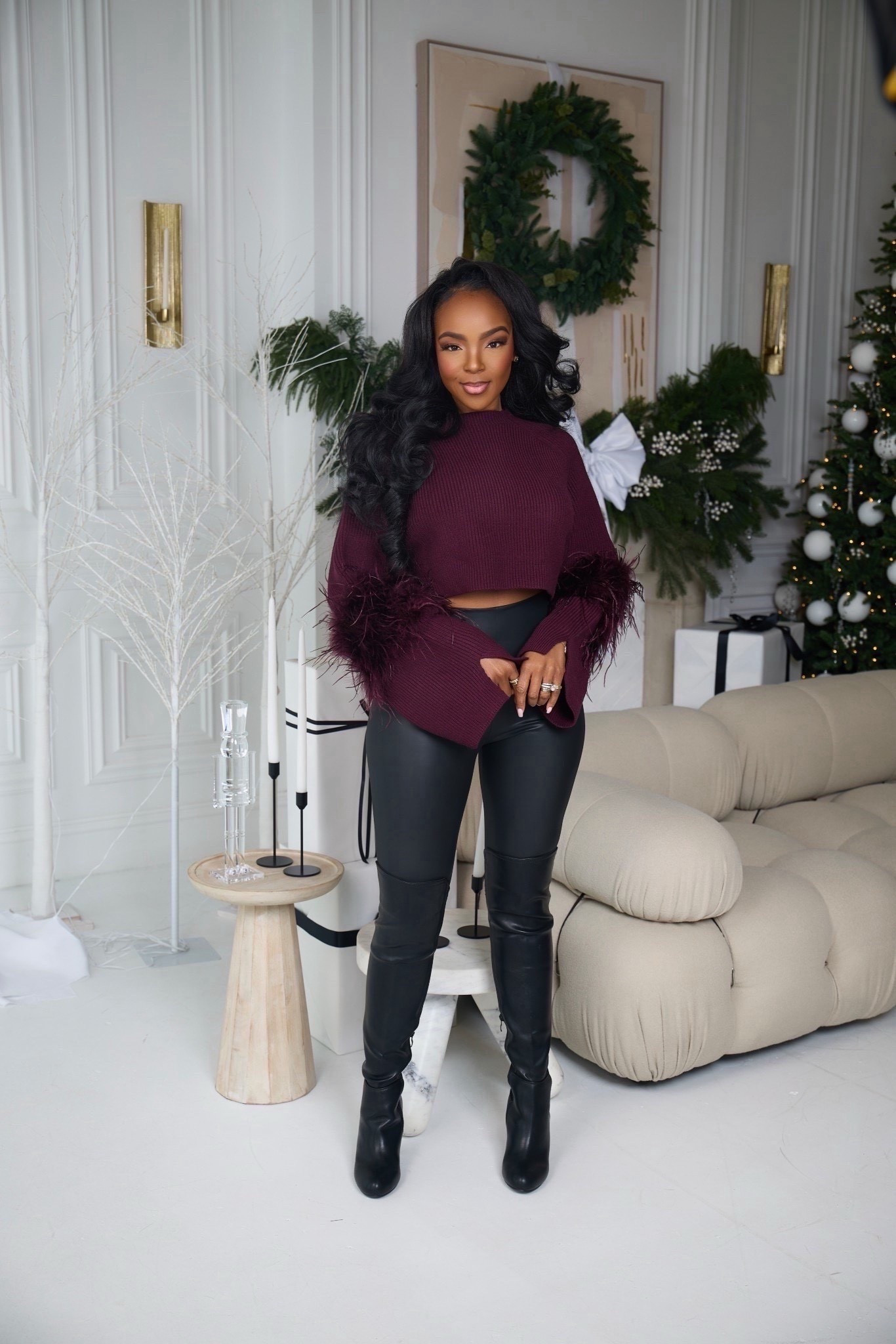 A festive mix of texture and glam — the feather-trimmed knit and sleek faux-leather bottoms make this holiday look feel effortlessly elevated and party-ready. The rich berry tone adds that perfect seasonal touch while keeping everything chic and modern.

Perfect for: holiday parties, winter date nights, glam girls’ night

📏 Sizing: Small top, Small bottoms  
Height — 5’4”  
138 lbs  
Bust — 34D  
Waist — 27”  
Hips — 40”

Tap to get details instantly.

Holiday outfit ideas, feather sleeve sweater, faux leather leggings outfit, chic winter fashion, elevated holiday looks, modern festive style.

Follow me on Instagram and YouTube @kirasfashionfinds

#LTKHoliday #LTKootd