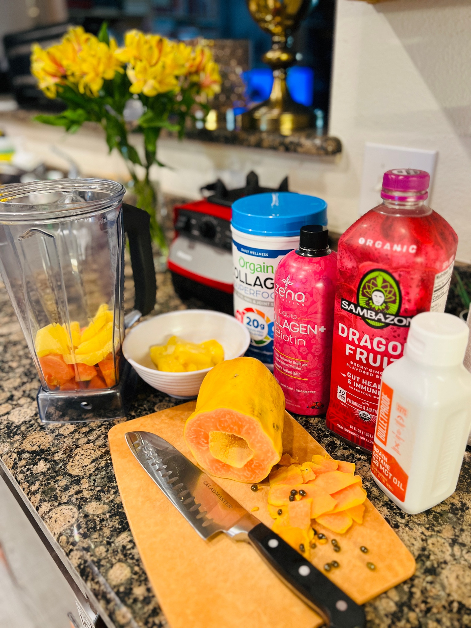 "Sipping on wellness: My papaya-pineapple smoothie, rich in papain, bromelain, and collagen and MCT oil for that healthy glow!" 

#LTKhome #LTKfitness #LTKover40