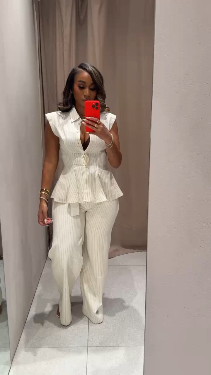 spring outfits 2026! White pinstripe peplum sleeveless top and flare leg points!

#LTKootd #LTKMidsize