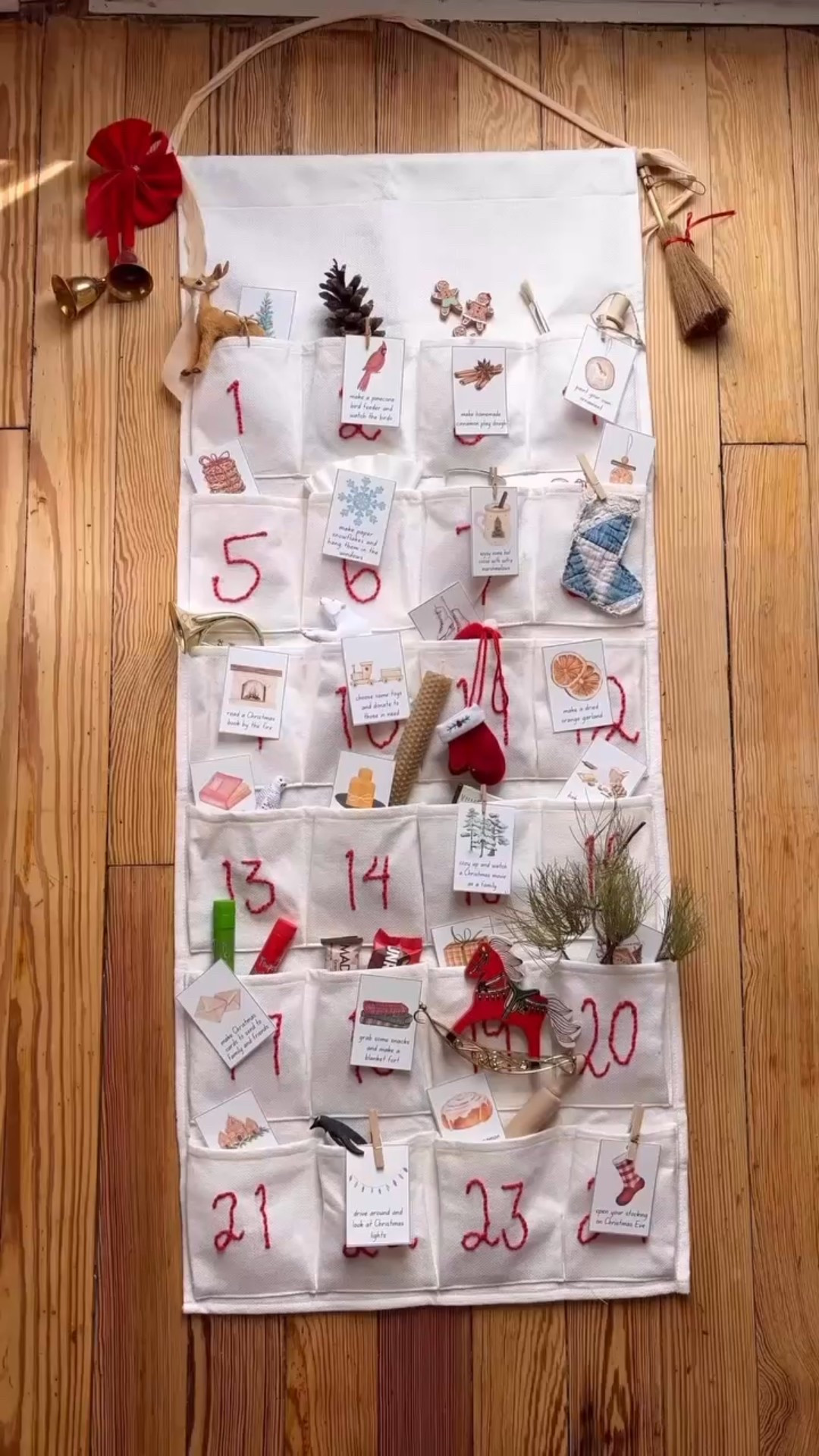 DIY advent calendar! I made this calendar a few years ago and it was so fun and easy. If you haven’t tried punch needle embroidery yet it is such a fun and relaxing craft. I found it to be very beginner friendly with loads of tutorials on YouTube to learn from. I like to fill our calendar with family activities and crafts, but I do add a few gifts here and there. I choose a few ornaments from our decor to add to the pockets as well and Lottie enjoys hanging those on the tree. I’ve compiled a list of links to the supplies I used to make the calendar as well as items to help fill it! The printable advent cards can be found in my Etsy shop in 2 styles; color & sketch. 
