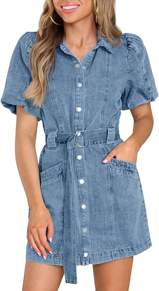 Fisoew Womens Denim Mini Dress Button Down Casual Belted Puff Short Sleeve Jean Dress with Pocket... | Amazon (US)