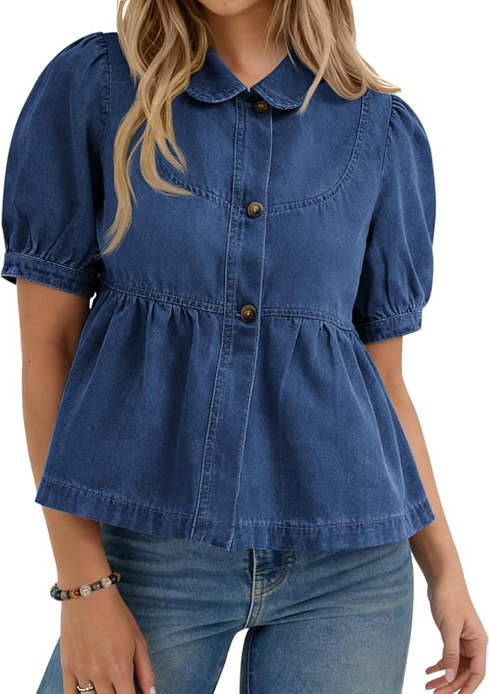 Yousify Womens Button Down Denim Shirts Short Puff Sleeve Babydoll Peplum Casual Jean Tops Summer... | Amazon (US)