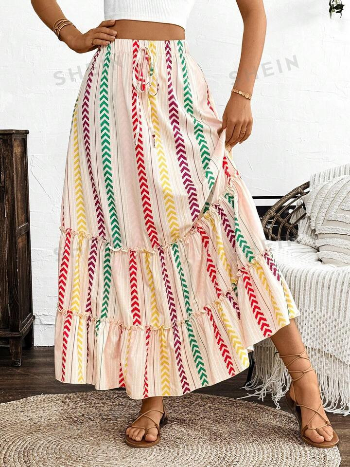 SHEIN VCAY Elegante Geknoopte Rok Met Kleurcontrast En Gegolfde Zoom, Zomer | SHEIN