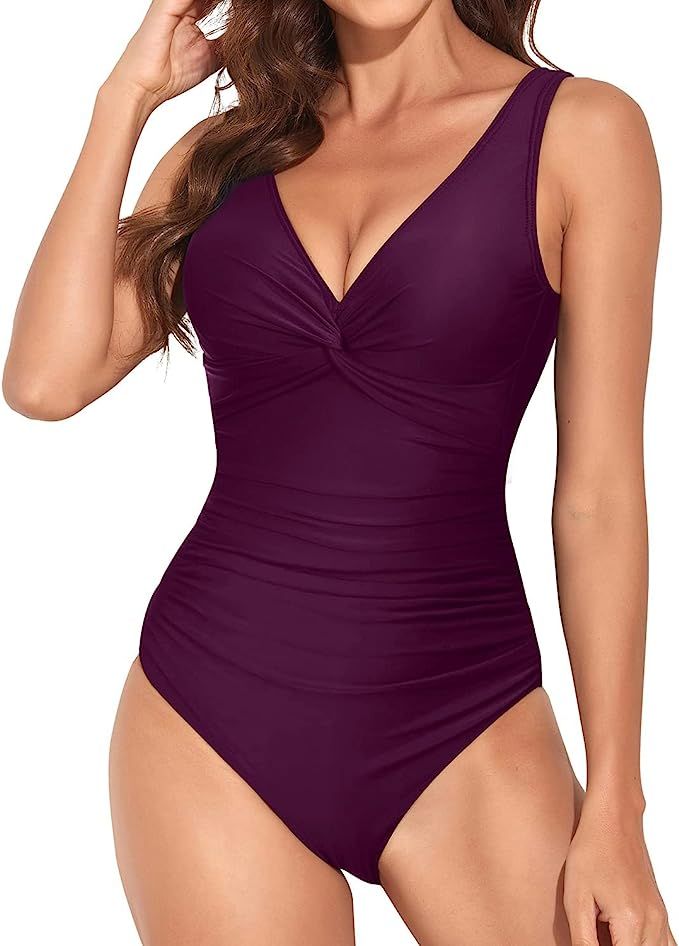 Holipick One Piece Swimsuit for Women Vintage V Neck Twist Bathing Suit Tummy Control Slimming Mo... | Amazon (US)