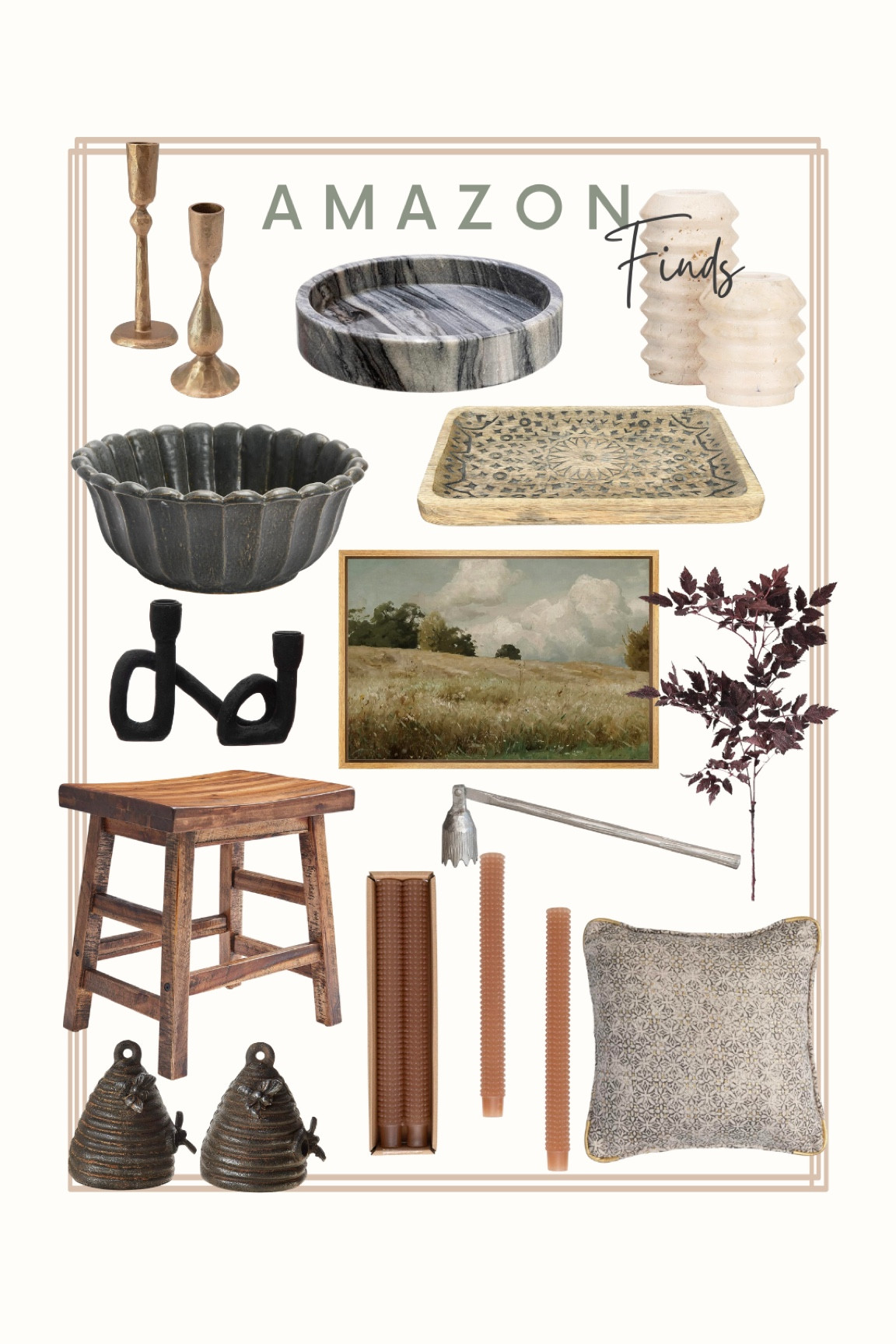 Amazon home decor finds!

Stool, candlesticks, bowl, marble, florals, bookends, brass, tray, throw pillow 
