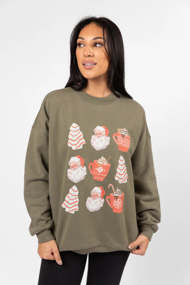 Santa Christmas Cakes Olive Oversized Graphic Sweatshirt DOORBUSTER | Pink Lily