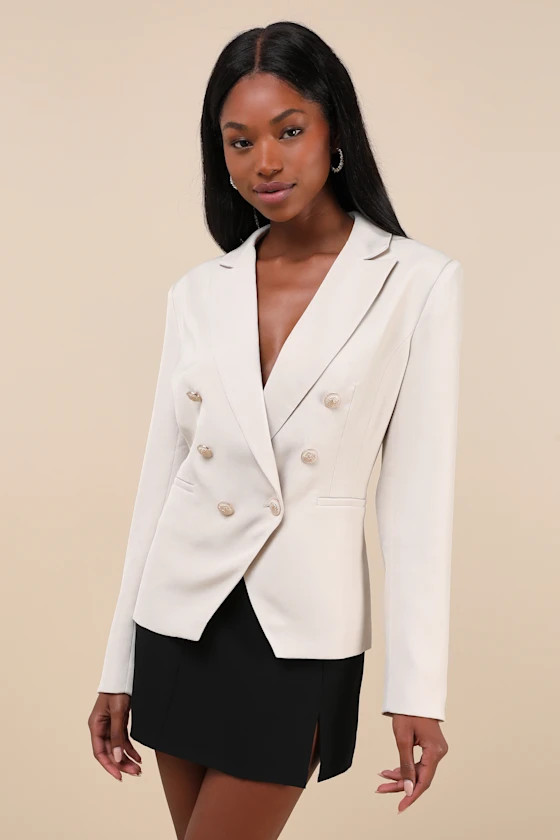 Major Poise Beige Twill Double-Breasted Blazer | Lulus