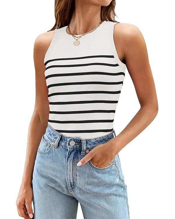 MEROKEETY Women's Ribbed Knit Tank Top 2024 Summer Casual High Neck Striped Sleeveless Shirts | Amazon (US)