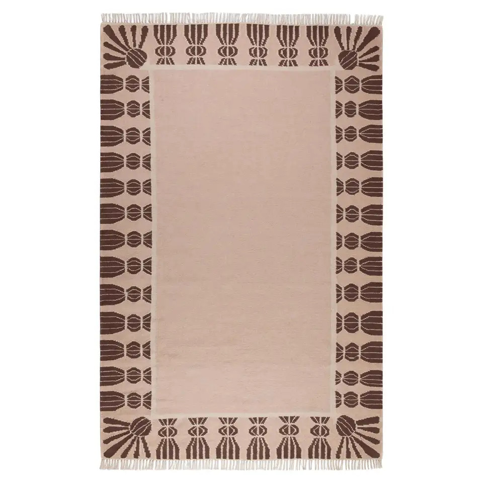 Handwoven Wool Tassel Rug, 8' x 10', Bisque Pink, Chocolate Brown, and Eggshell | 1stDibs