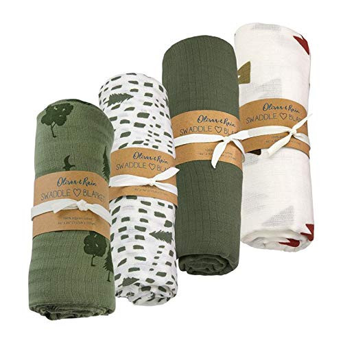 Oliver & Rain Organic Muslin Swaddle Sampler, 4-pack Newborns - Turquoise Stripe & Gold Tiger Print | Amazon (US)