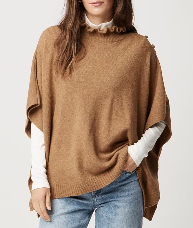 Tan ruffle neck poncho 

#LTKFindsUnder50 #LTKSeasonal #LTKSaleAlert