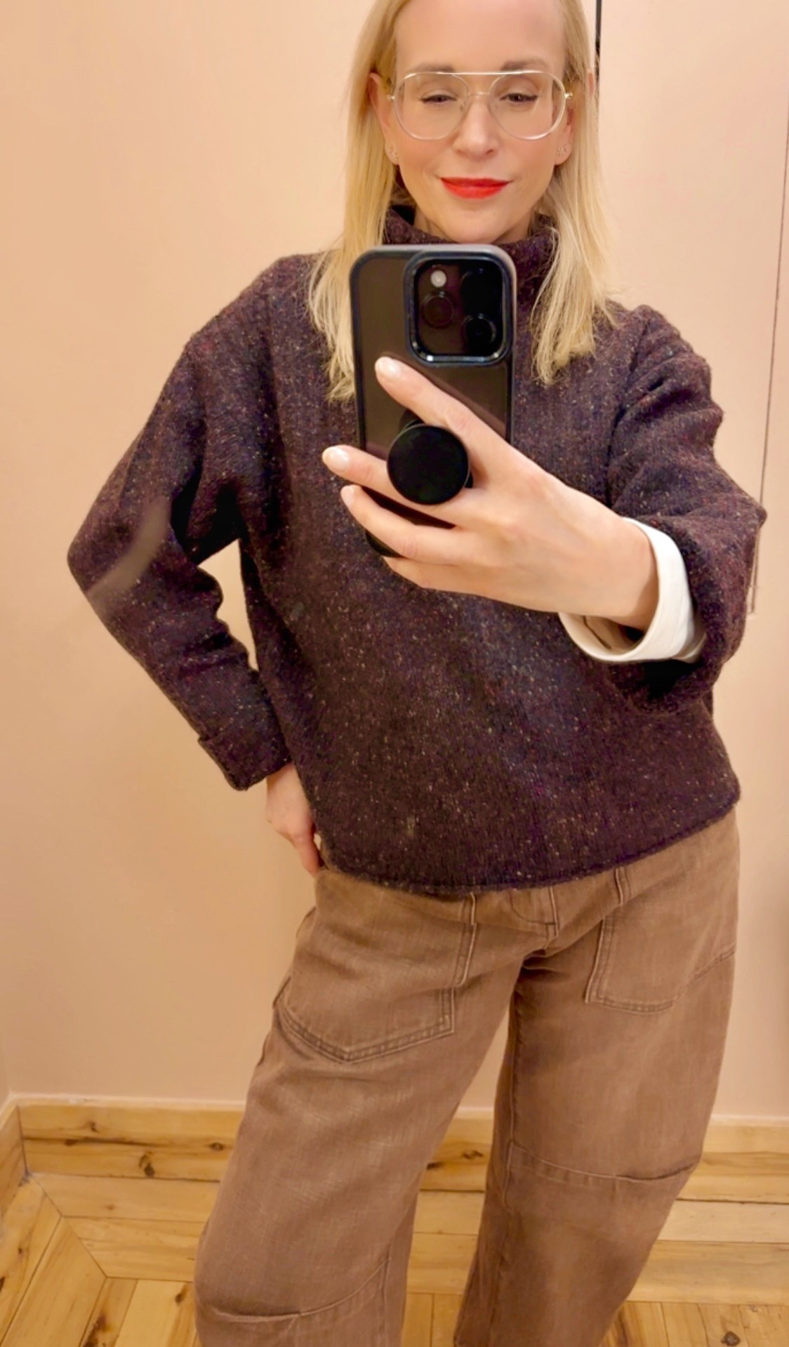 It comes in other colors but I like this color bc you can’t see the stripe pattern as much. She’s 50 percent off. Bought xs. 