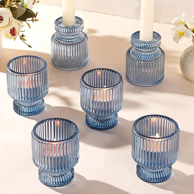 6 Pcs Blue Glass Candlestick Holders with Vertical Stripes - Irregular Shaped, Dual-Use for Taper... | Amazon (US)