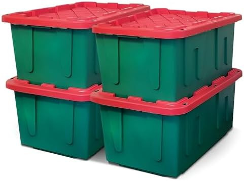 HOMZ 4-Pack Durabilt, Heavy Duty Plastic Storage Bins with Lids, 27 Gallon, Red/Green - Stackable... | Amazon (US)