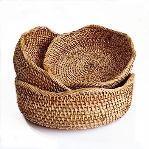Amazon.com: Rattan Round Fruit Baskets, Wicker Storage Bowls, Natural Woven Serving Basket Bowls,... | Amazon (US)