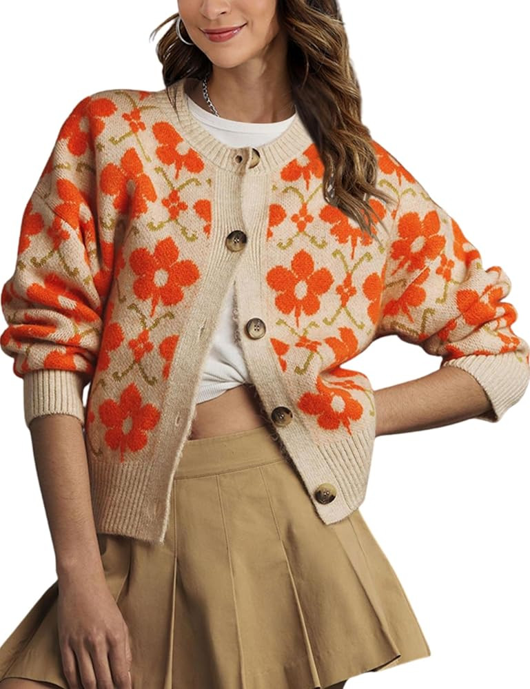 Women Floral Cardigan Sweater Open Front Long Sleeve Button Down Knit Sweater Vintage Outerwear | Amazon (US)