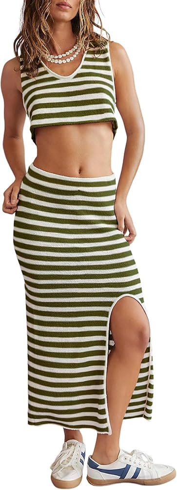 Watashi Two Piece Skirt Outfits for Women Summer Sleeveless Knitted Striped Maxi Skirt and Tank S... | Amazon (US)
