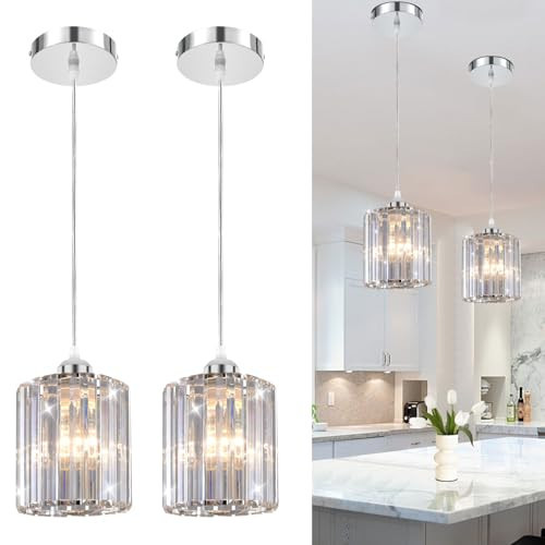 TISLYCO Crystal Pendant Lights - Kitchen Island Lighting, Mini Crystal Chandelier for Living Room, Dining Room, Hallway, Bar - 2 Pack - Silver | Amazon (US)