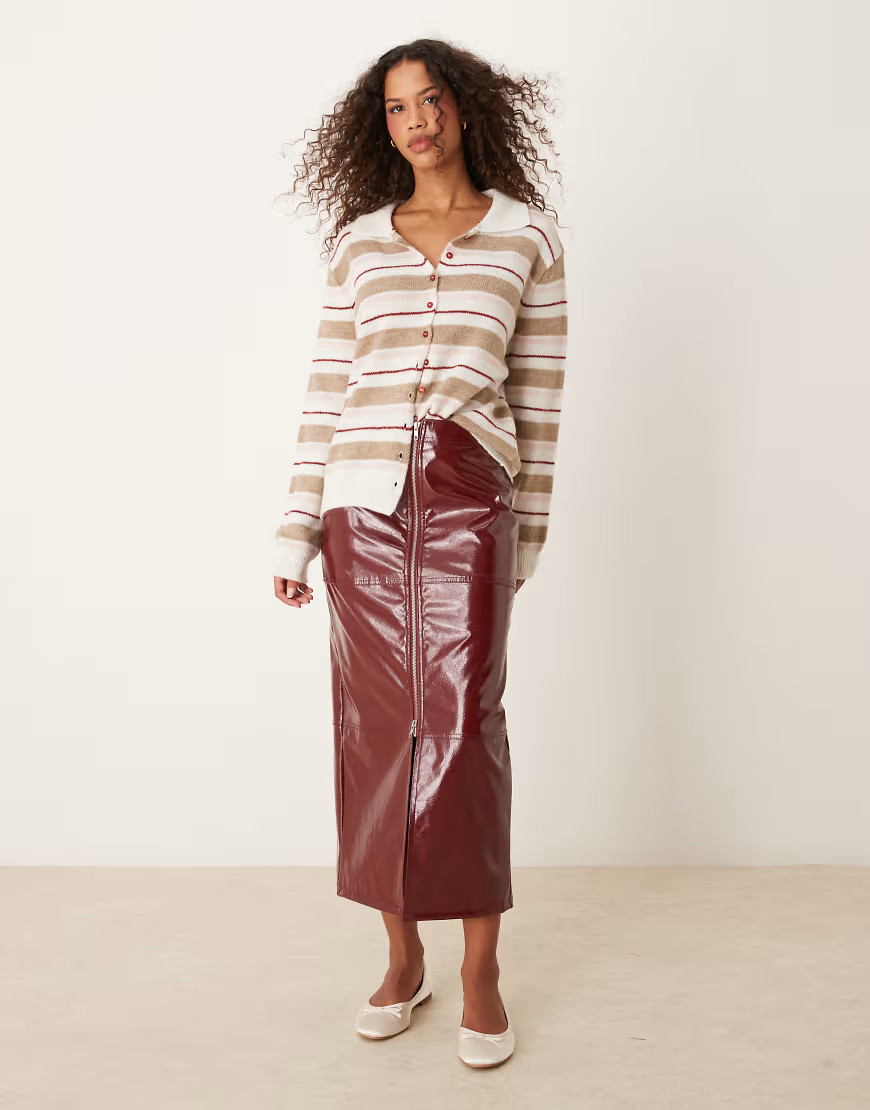 ASOS DESIGN zip front high shine leather look midi skirt in burgundy-Purple | ASOS (Global)