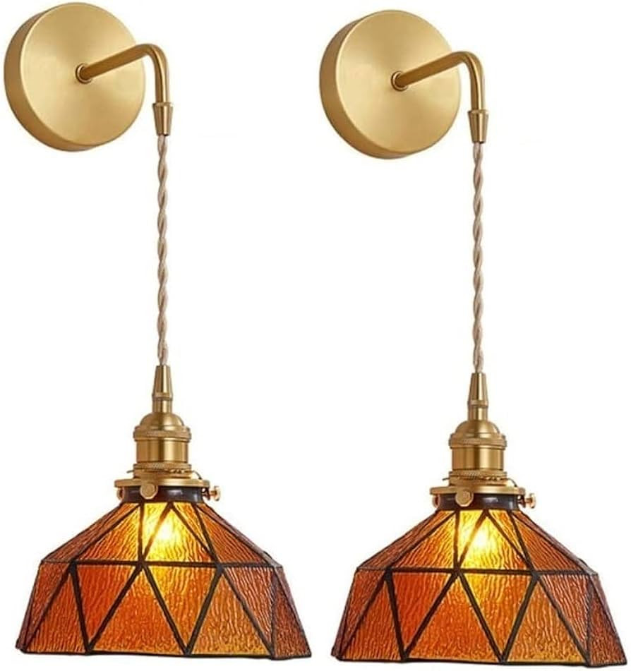 Tiffany Wall Sconces Battery Operated Set of 2,Indoor Wireless Wall Lights with Remote,Brown Glas... | Amazon (US)