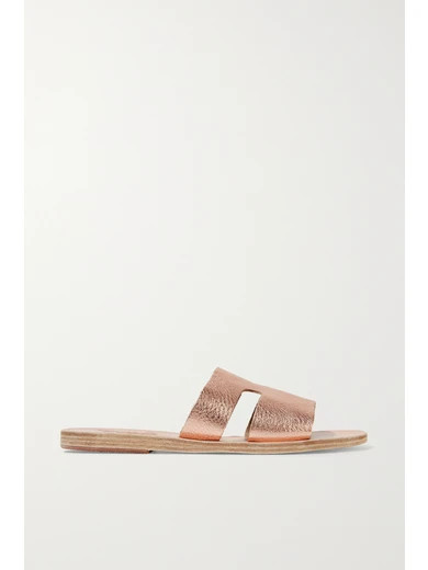 Ancient Greek Sandals - Apteros Cutout Metallic Textured-leather Slides - Pink | NET-A-PORTER (US)