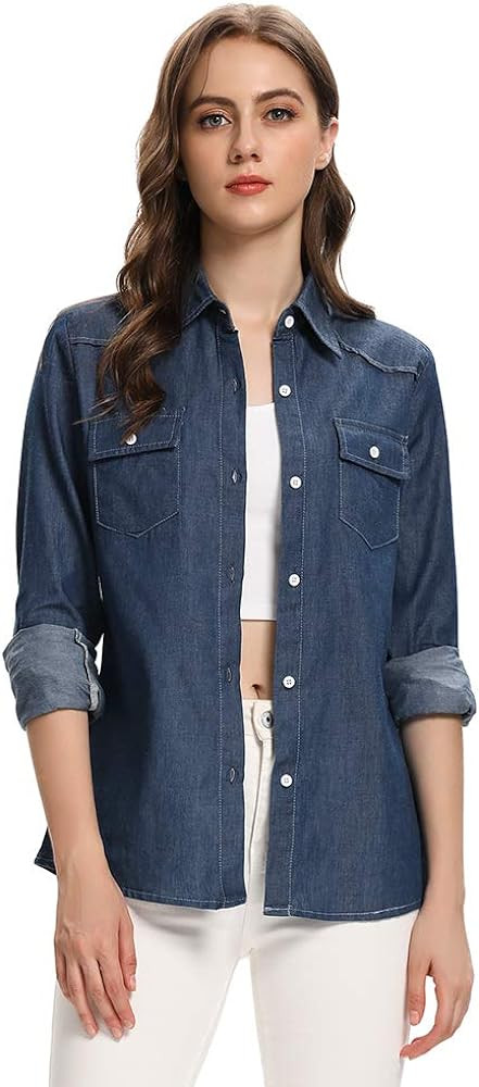Aeslech Women's Chambray Button Down Shirt Long Sleeve Cotton Blouse Lightweight Denim Tops | Amazon (US)
