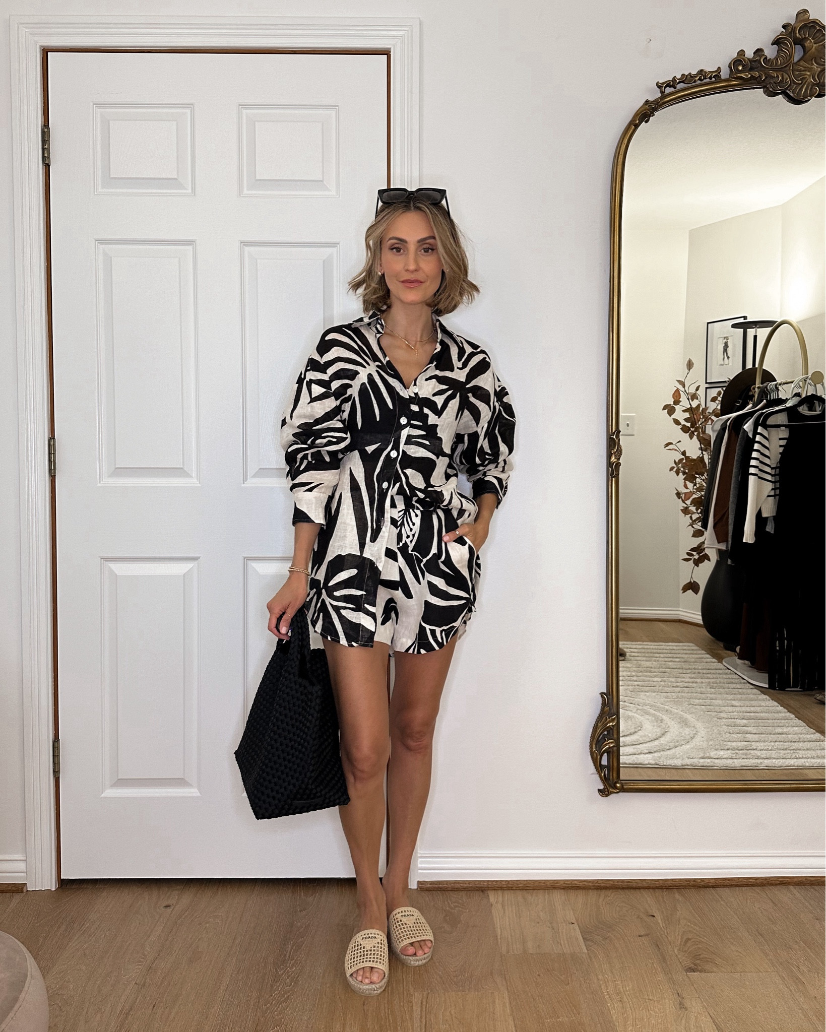 Resort days outfit idea, I love this linen oversized shirt that can be worn as a bath ring suit cover up or paired with the matching shorts for lunch, shopping, riding a bike, etc. the shorts fit tts on the smaller side. Shirt fits oversized. Wearing XS on both. 

#LTKshoecrush #LTKitbag #LTKstyletip