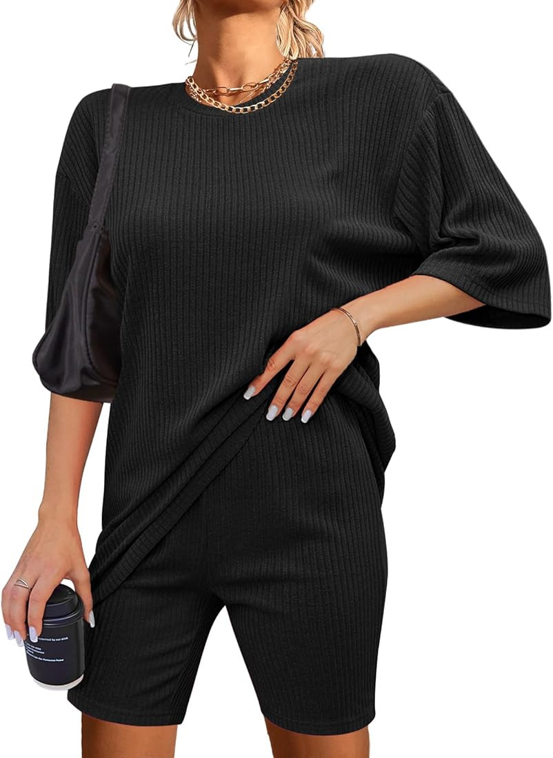 Ekouaer Pajamas 2 Piece Lounge Sets Ribbed Knit Matching Outfits T-shirt Biker Shorts Sleepwear L... | Amazon (US)