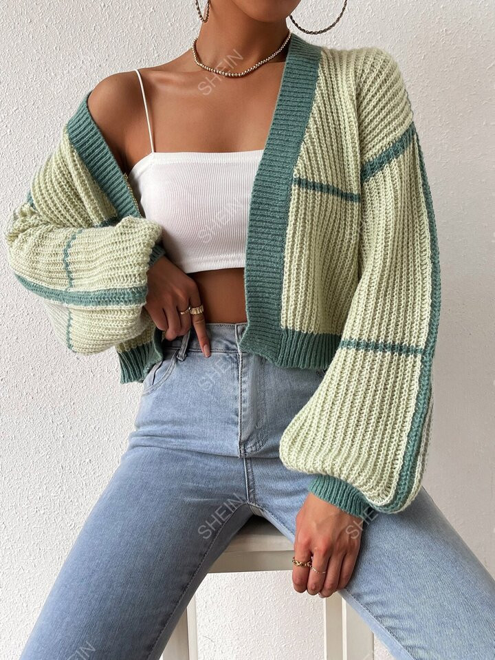 Contrast Trim Lantern Sleeve Duster Cardigan | SHEIN
