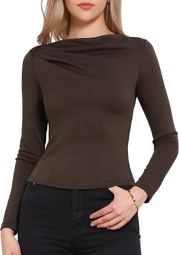 Allegra K Boat Neck Top for Women's Ruched Long Sleeve Fall Fitted Basic Dressy Casual Top | Amazon (US)