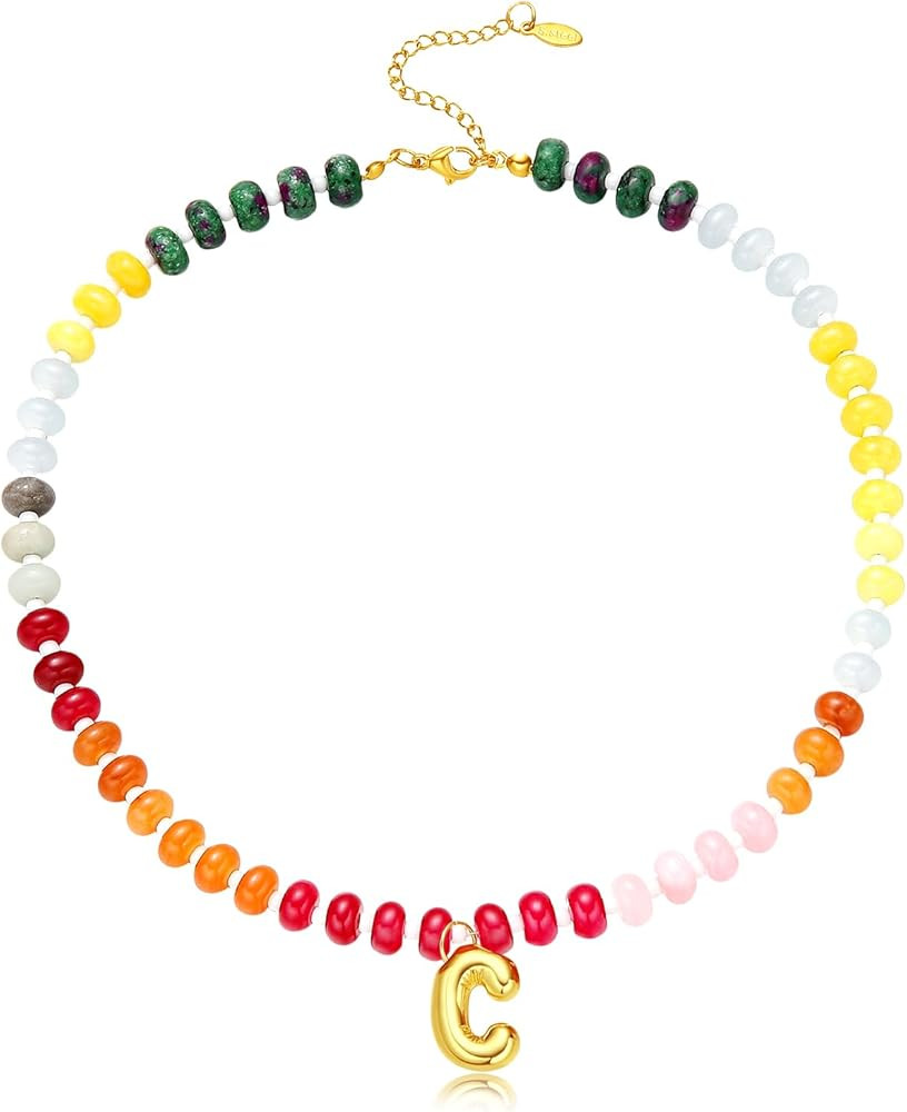 Initial Bubble Gemstone Necklaces for Women Gold Beaded Necklace with Pandent Colorful Rainbow Ne... | Amazon (US)