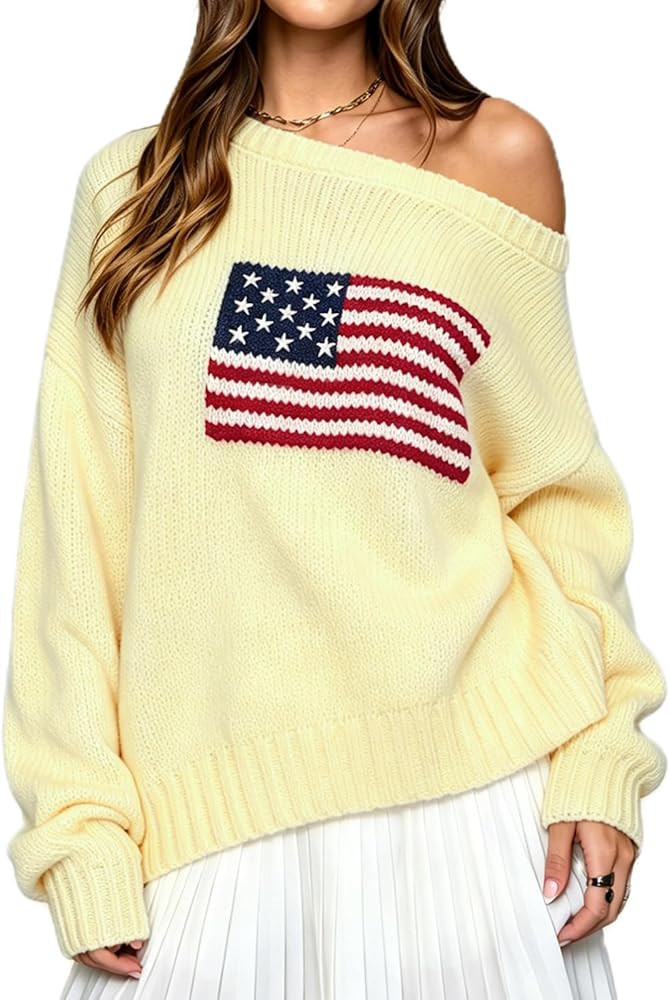 American Flag Sweater for Women Off the Shoulder Vintage Patriotic Striped Star USA Loose Knitted... | Amazon (US)